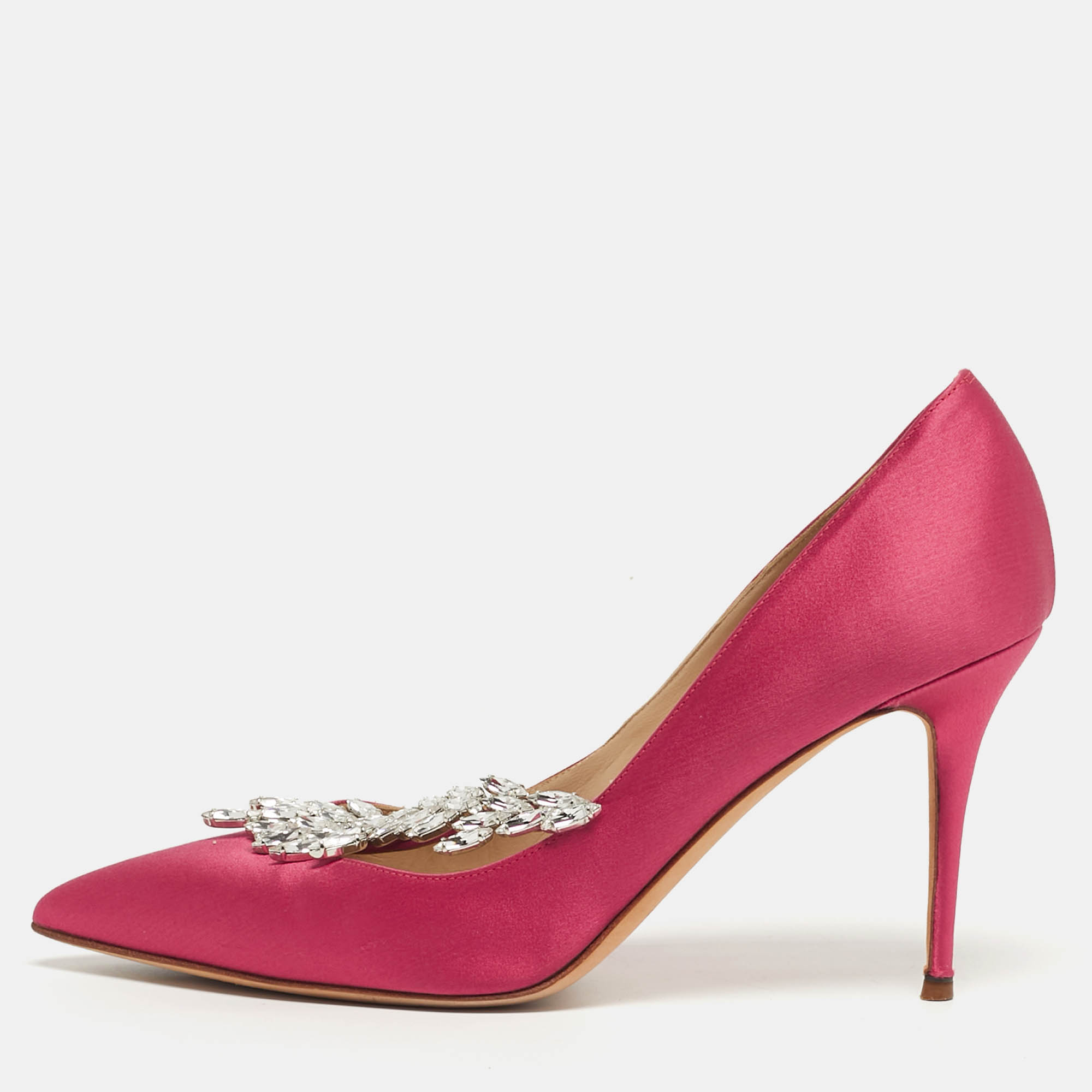 

Manolo Blahnik Nadira Size  Pink Satin Jewel Embellished Pointed Toe Pumps