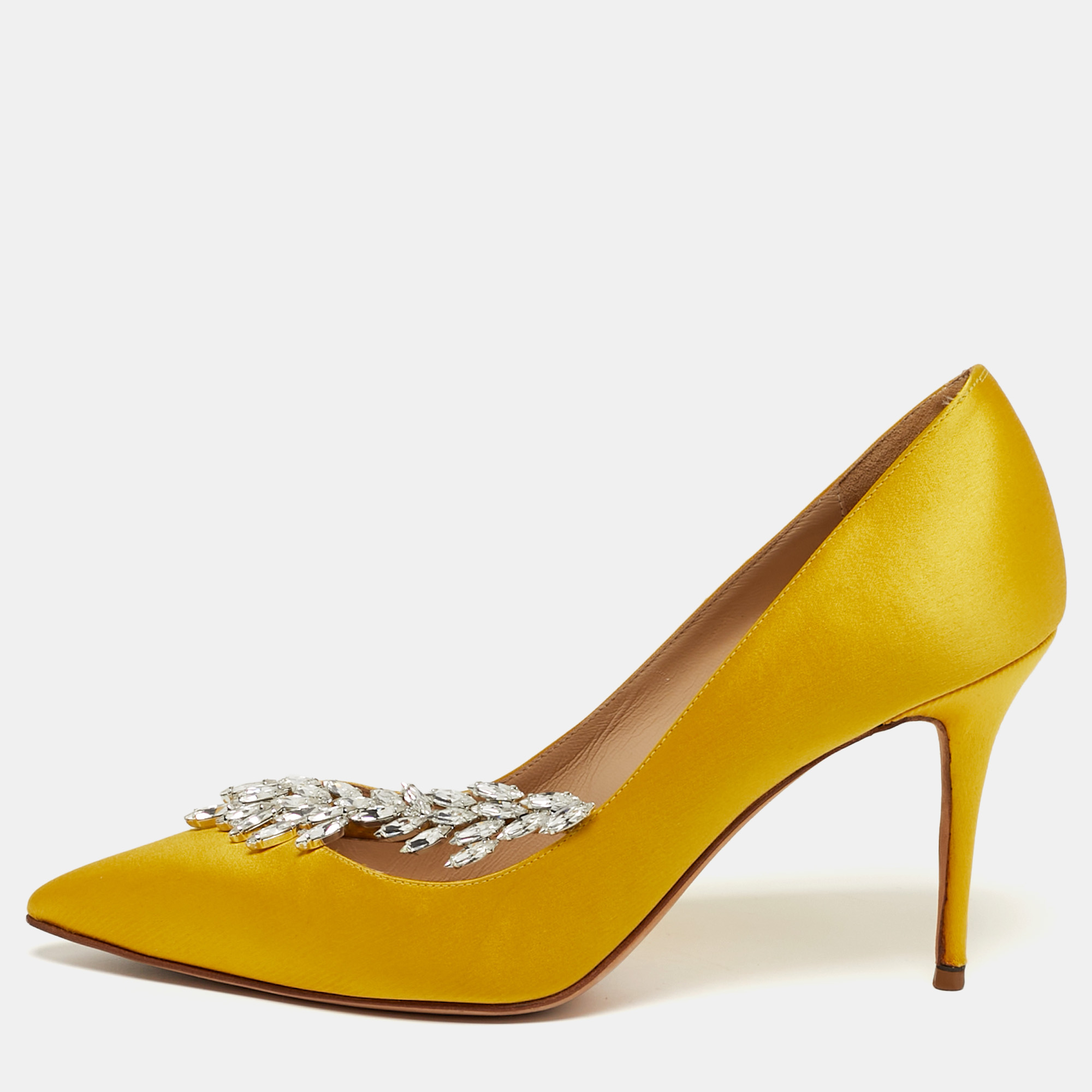 

Manolo Blahnik Nadira Size  Yellow Satin Jewel Embellished Pointed Toe Pumps