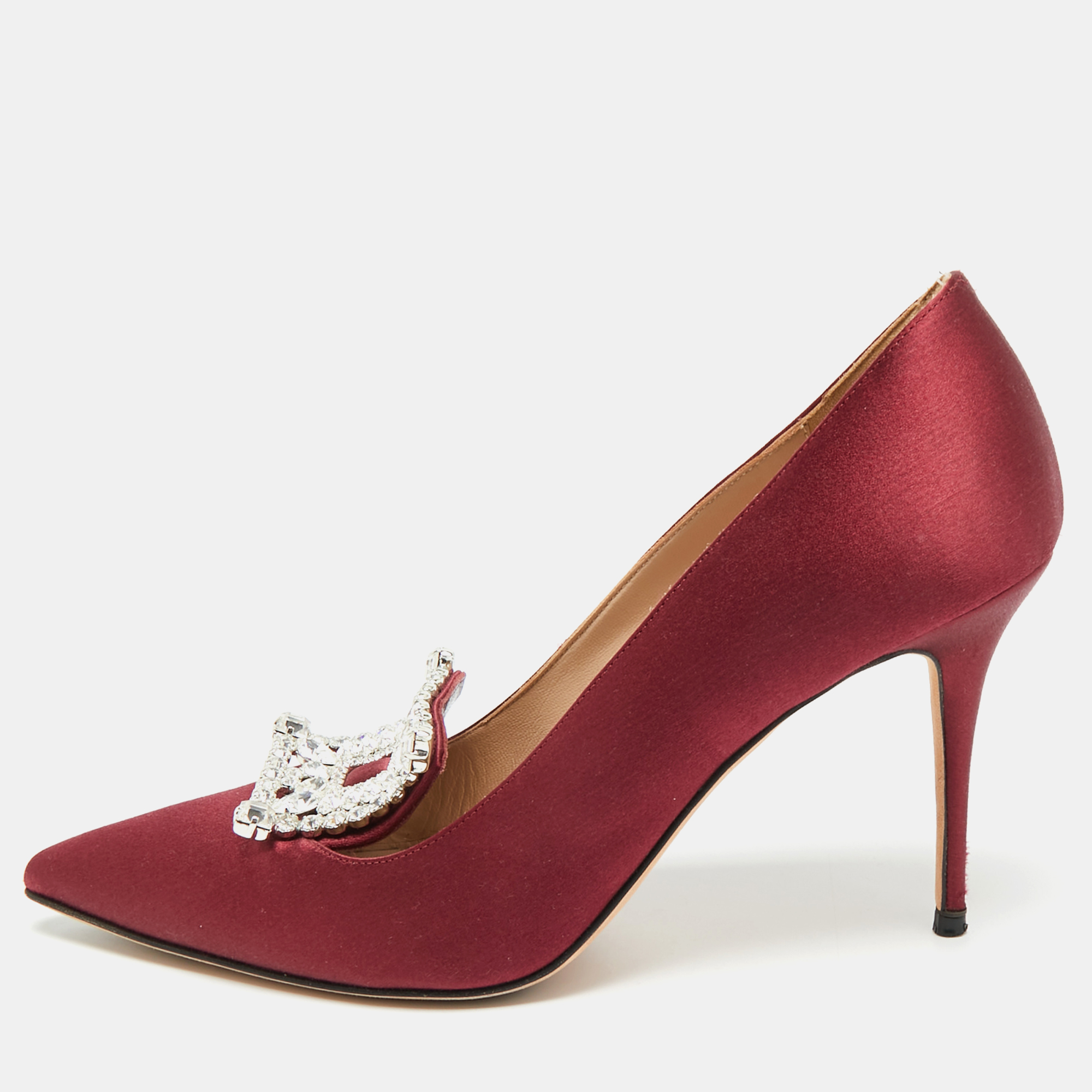 

Manolo Blahnik Borlak Size  Burgundy Satin Crystal Embellished Pointed Toe Pumps