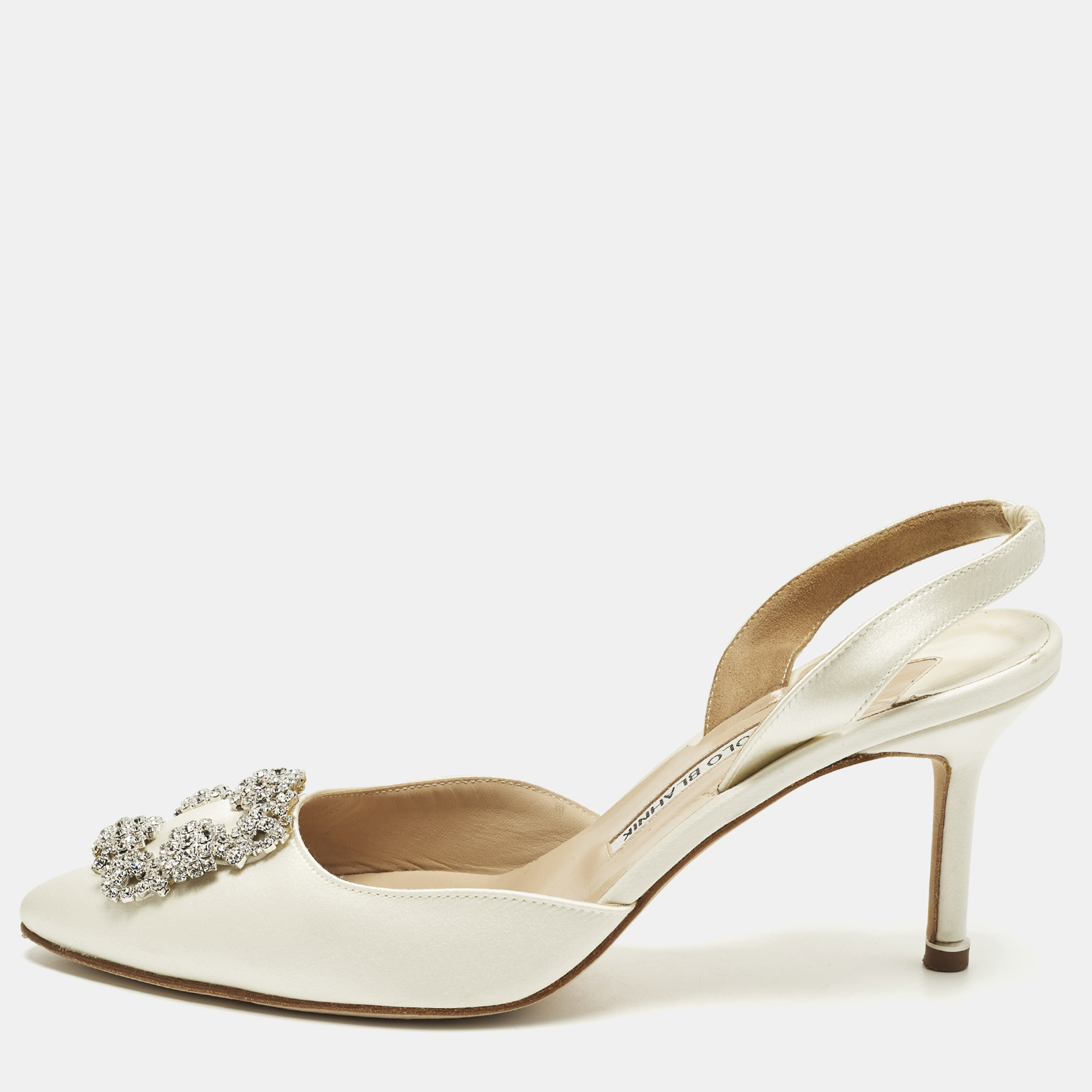 

Manolo Blahnik Hangisli Size  Cream Satin SlingbackPumps