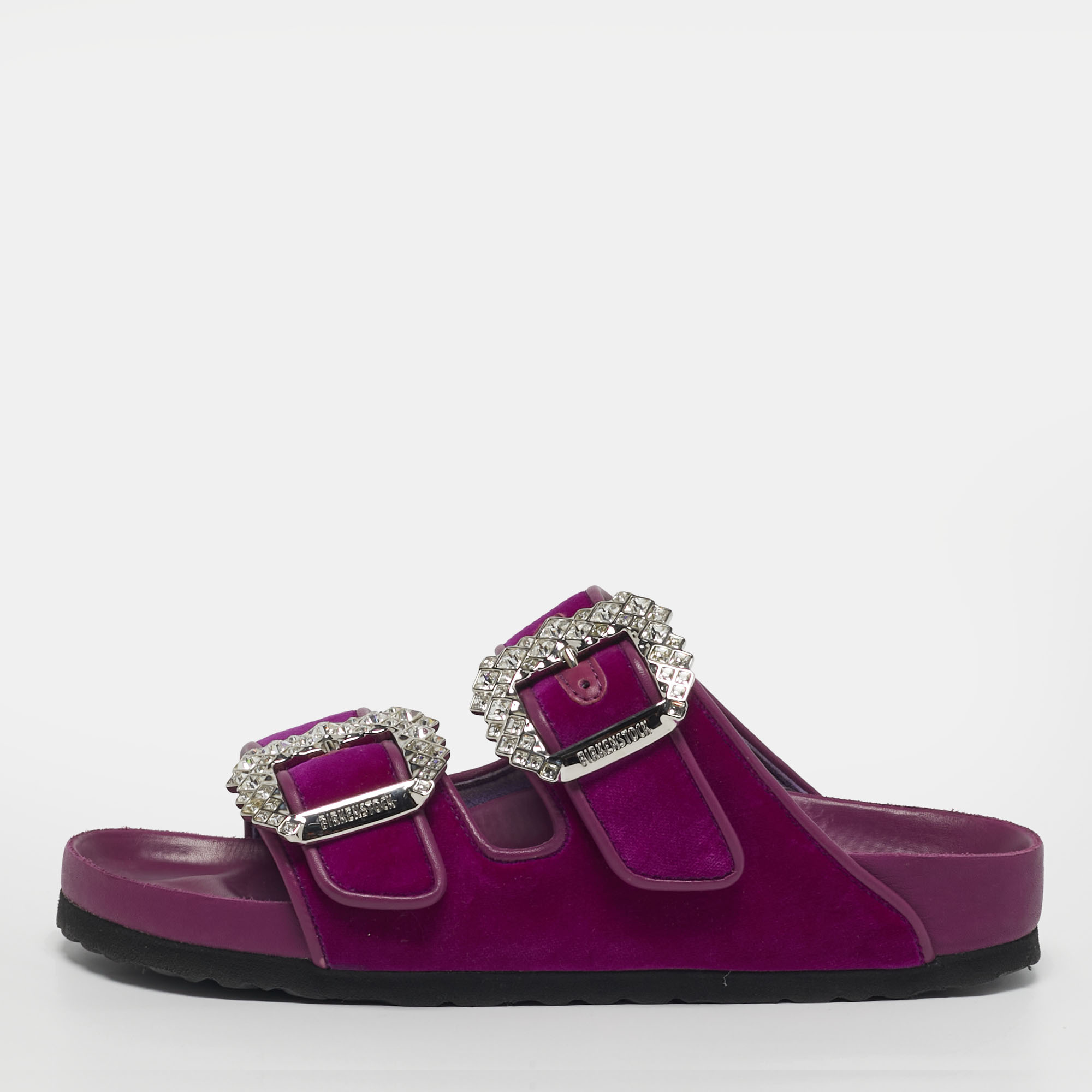 

Manolo Blahnik Size  Purple Leather and Velvet Crystal Embellished Flat Sandals