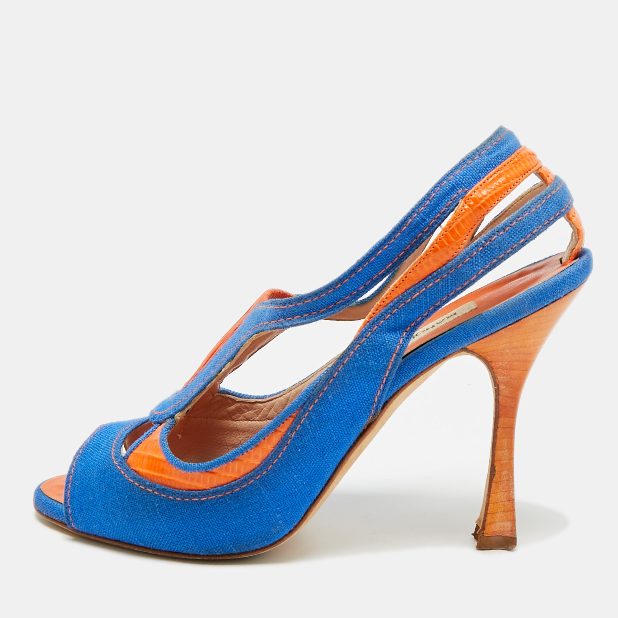 

Manolo Blahnik Size  Orange/Blue Lizard, Fabric and Leather Open Toe Slingback Sandals
