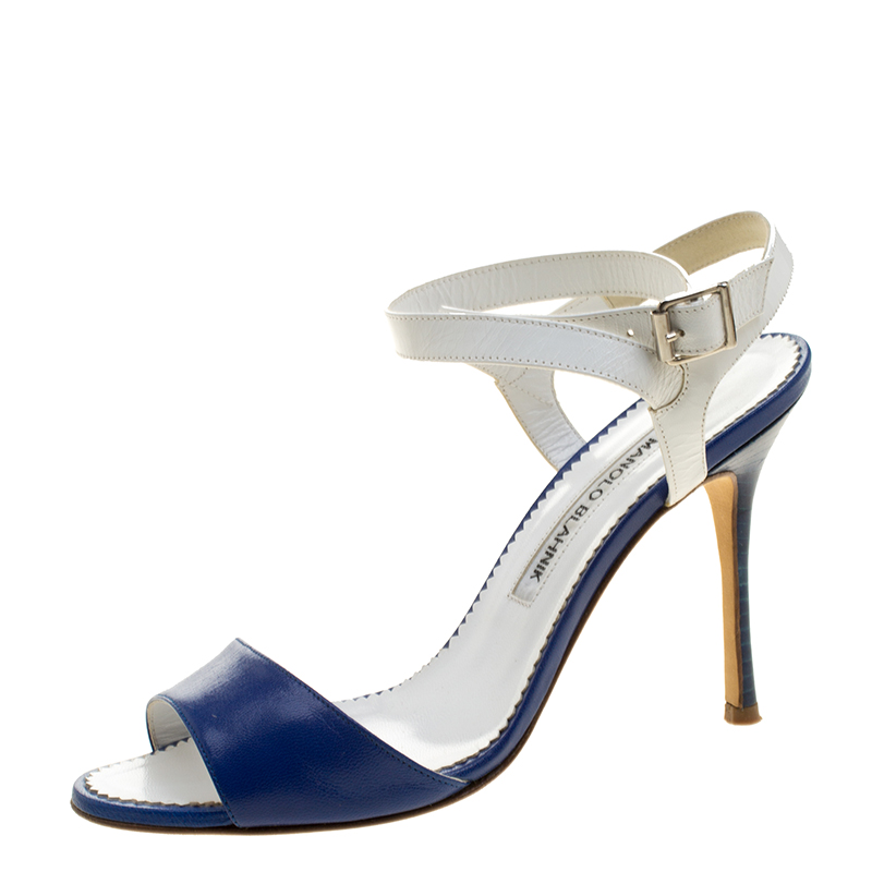 Pre Owned Manolo Blahnik Blue/White Leather Llonicabi Ankle Strap Sandals Size 35.5