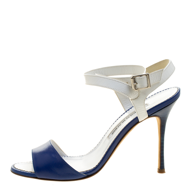 

Manolo Blahnik Blue/White Leather Llonicabi Ankle Strap Sandals Size