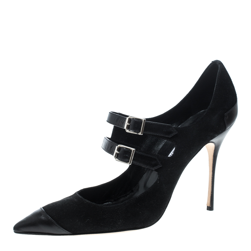 مملوكة مسبقًا Manolo Blahnik Black Suede and Leather Cap Toe Pumps Size 40
