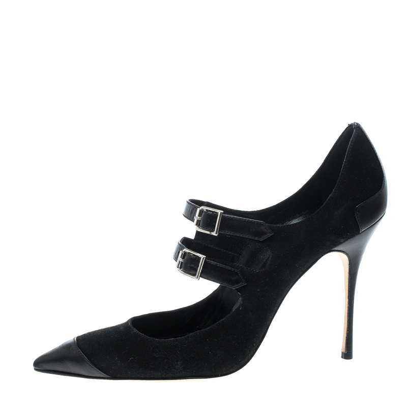 

Manolo Blahnik Black Suede and Leather Cap Toe Pumps Size