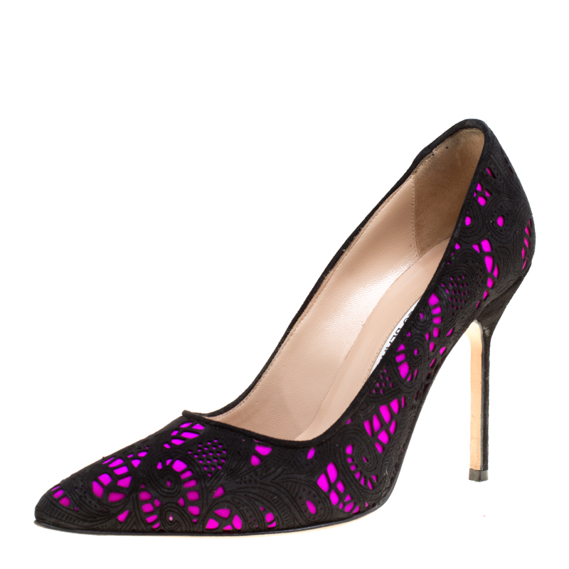 Pre Owned Manolo Blahnik Hot Pink Satin With Laser Cut Suede Bborli Pointed Toe Pumps Size 36