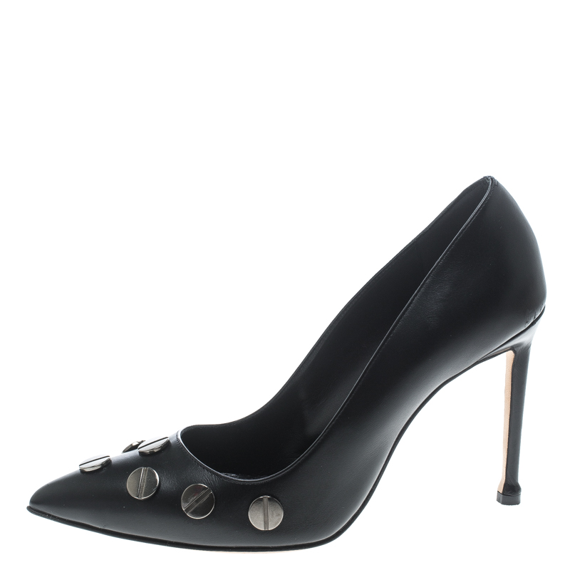 

Manolo Blahnik Black Leather Panunzia Screw Detail Pointed Toe Pumps Size