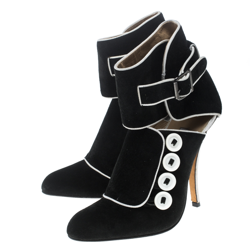 Pre-owned Manolo Blahnik Black/white Suede And Fabric Rapacina Button Detail Booties Size 35.5