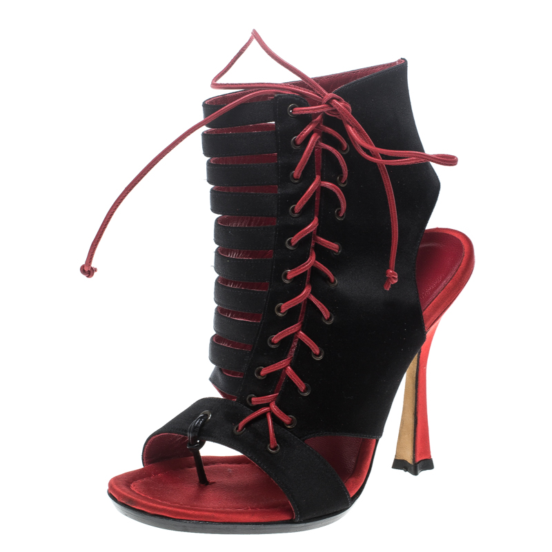 Pre Owned Manolo Blahnik Two Tone Satin and Leather Caged Booties Size 37