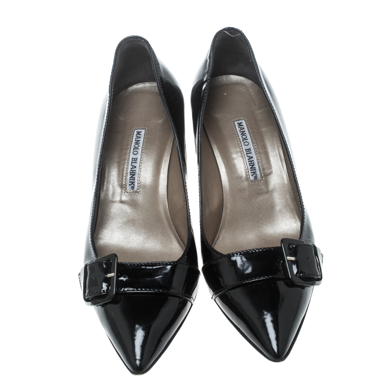 Pre Owned Manolo Blahnik Black Patent Leather Buckle Embellished Pumps Size 39