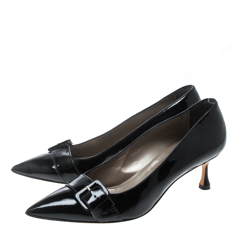 Pre Owned Manolo Blahnik Black Patent Leather Buckle Embellished Pumps Size 39