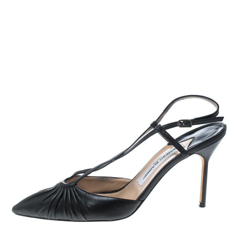 

Manolo Blahnik Black Leather Pleat Detail Cross Strap Sandals Size