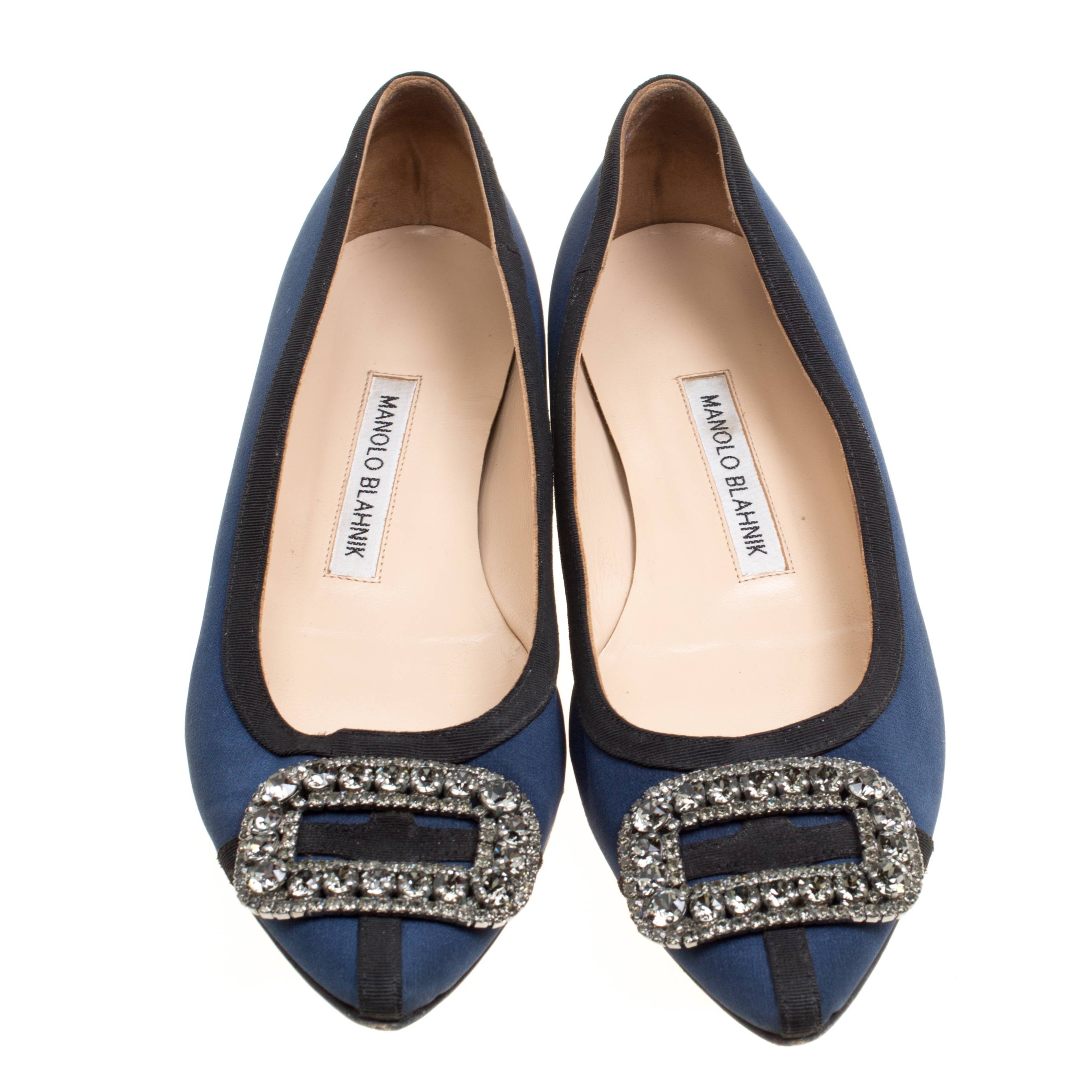 Pre-owned Manolo Blahnik Navy Blue Satin Gotrian Crystal Embellished Pointed Toe Flats Size 36.5