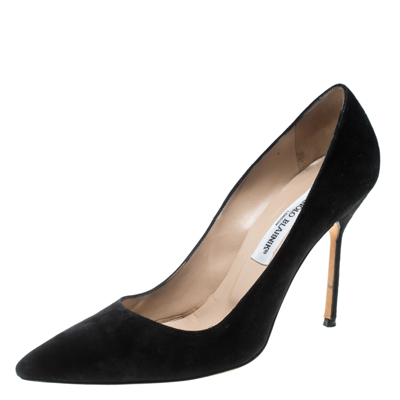Pre Owned Manolo Blahnik Black Suede BB Pointed Toe Pumps Size 39.5