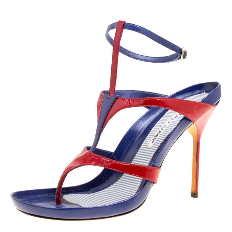 Red/Blue Leather T Strap Thong Sandals 