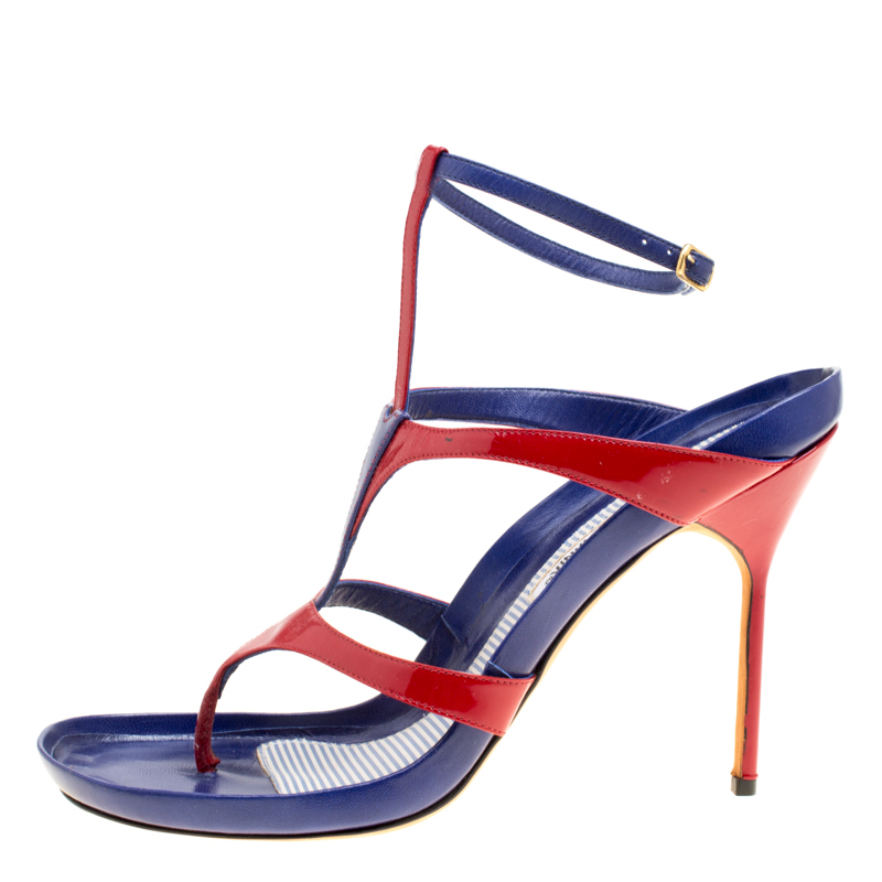 

Manolo Blahnik Red/Blue Leather T Strap Thong Sandals Size