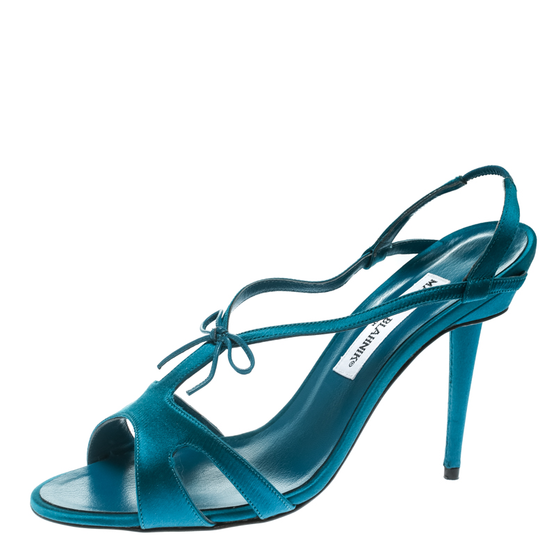 Manolo Blahnik Blue Satin Bow Detail Slingback Sandals Size 38