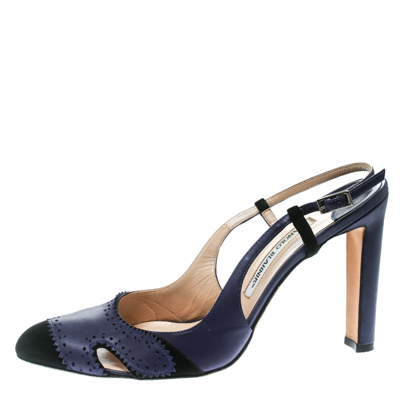 

Manolo Blahnik Blue Leather and Black Suede Cap Toe Barrie Spectator Slingback Sandals Size
