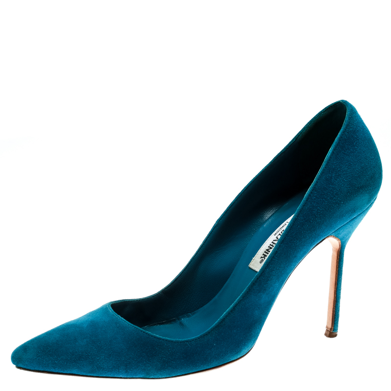Pre Owned Manolo Blahnik Blue Suede BB Pointed Toe Pumps Size 37.5