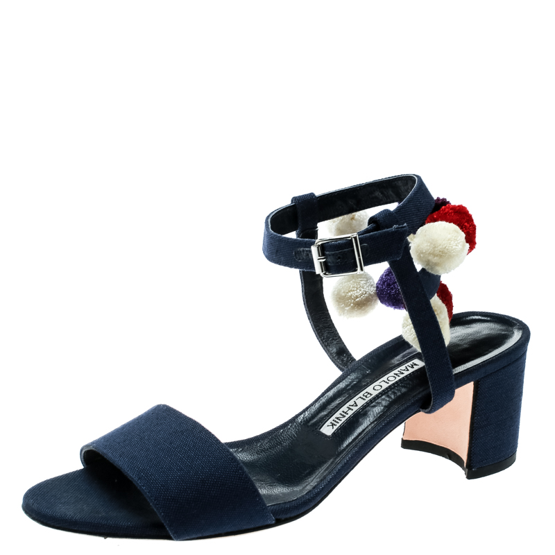 Manolo Blahnik Blue Canvas Pompom Ankle Strap Sandals Size 38