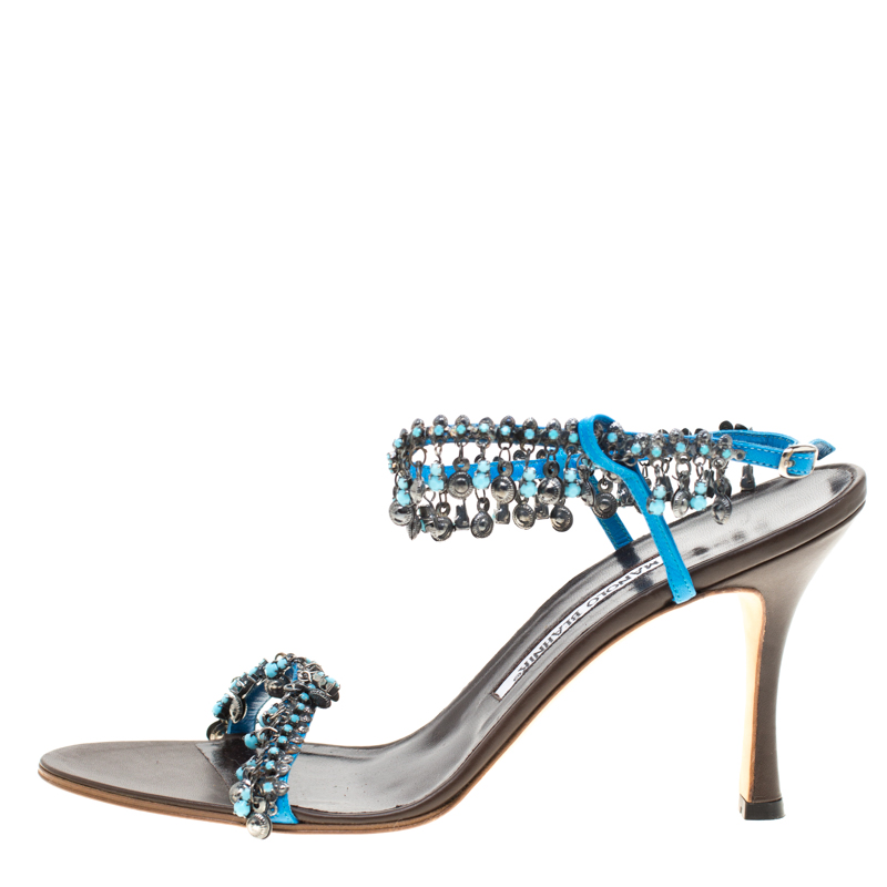 

Manolo Blahnik Blue Leather Crystal And Trinket Embellished Open Toe Sandals Size