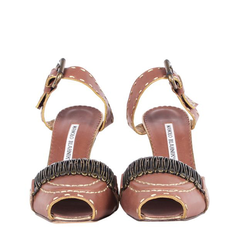

Manolo Blahnik Brown Leather Rustic Heel Sandals Size