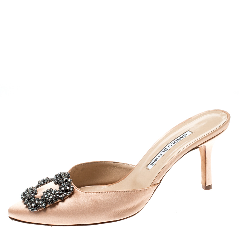 Manolo Blahnik Beige Satin Hangisi Pointed Toe Mules Size 38