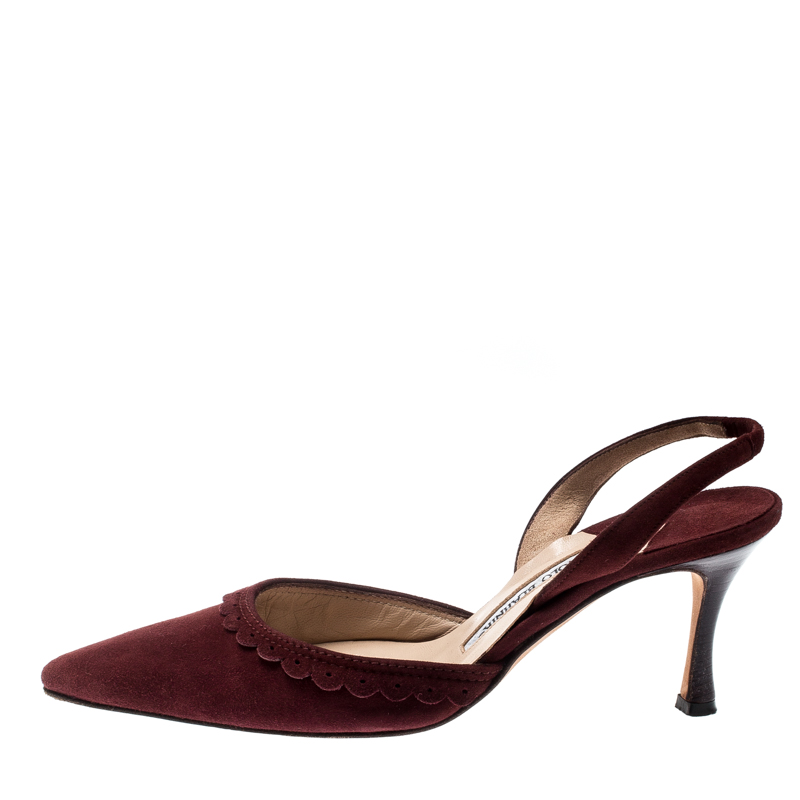 

Manolo Blahnik Deep Wine Suede Pointed Toe Scallop Trim Slingback Sandals Size, Red