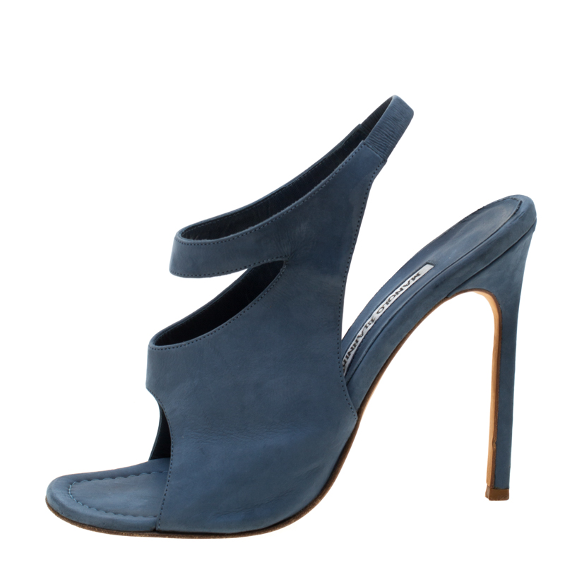Pre Owned Manolo Blahnik Blue Suede Cutout Slingback Sandals Size 39.5