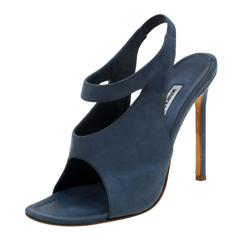 

Manolo Blahnik Blue Suede Cutout Slingback Sandals Size