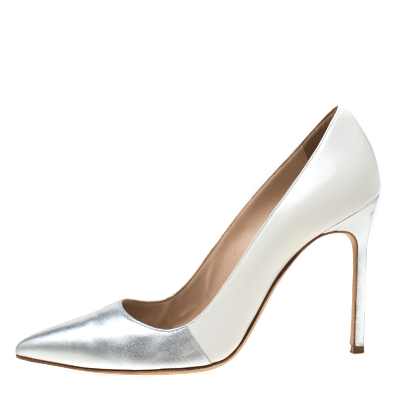 

Manolo Blahnik Metallic Silver And White Leather BB Pointed Toe Pumps Size