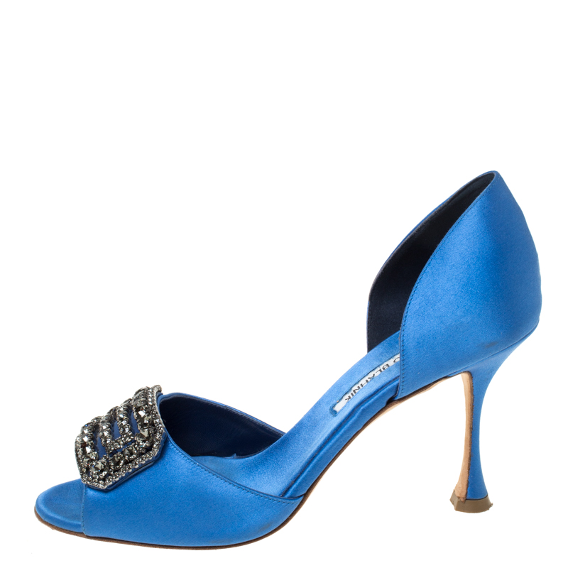 

Manolo Blahnik Blue Satin Alicia Embellished Peep Toe Sandals Size