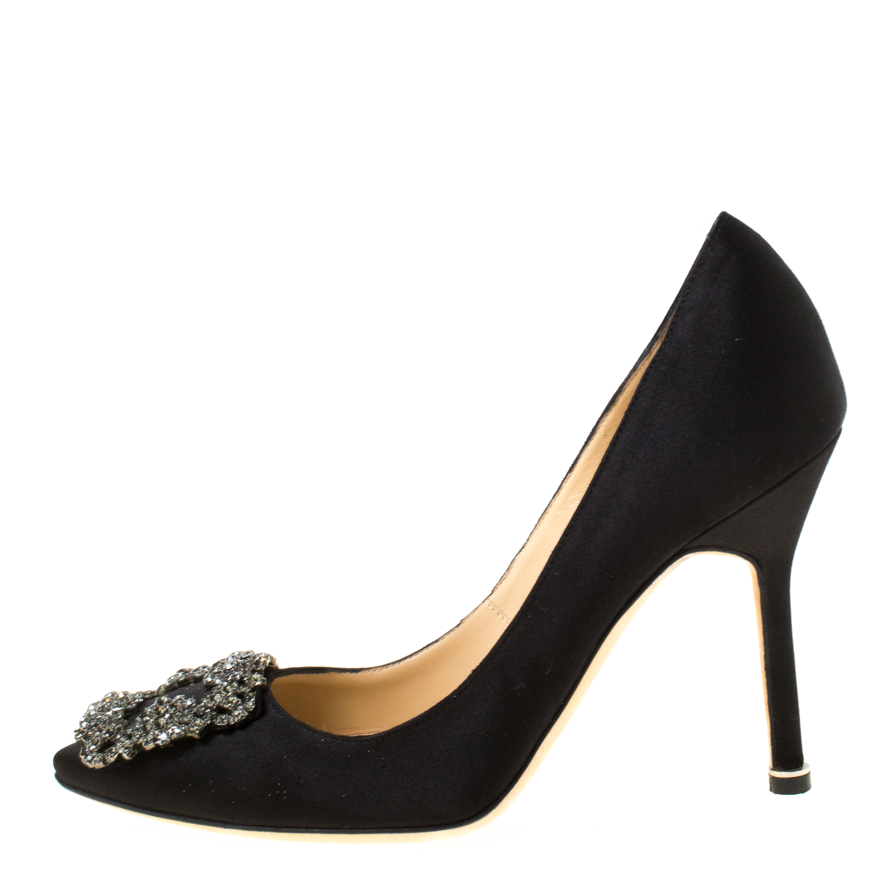 

Manolo Blahnik Black Satin Hangisi Crystal Embellished Pumps Size