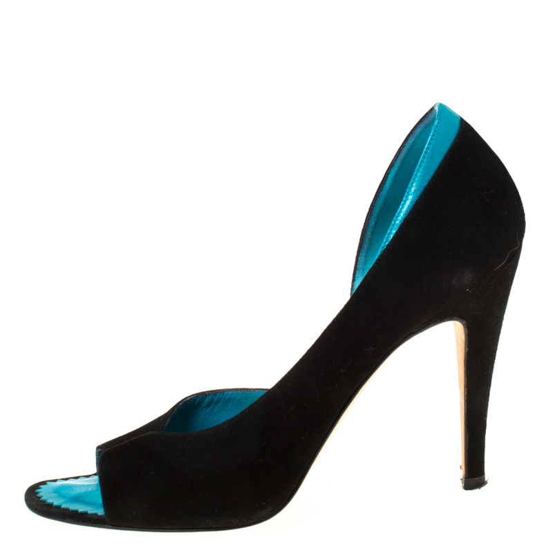 

Monolo Blahnik Black/Turquoise Suede D' Orsay Peep Toe Pumps Size