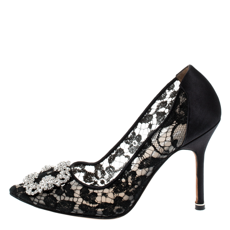 

Manolo Blahnik Black Lace and Satin Hangisi Pointed Toe Pumps Size