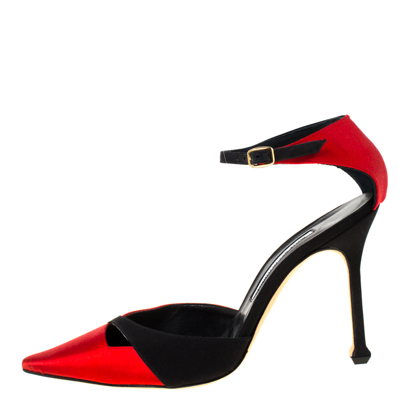 

Manolo Blahnik Red/Black Satin Kobra Pointed Toe Ankle Strap Pumps Size