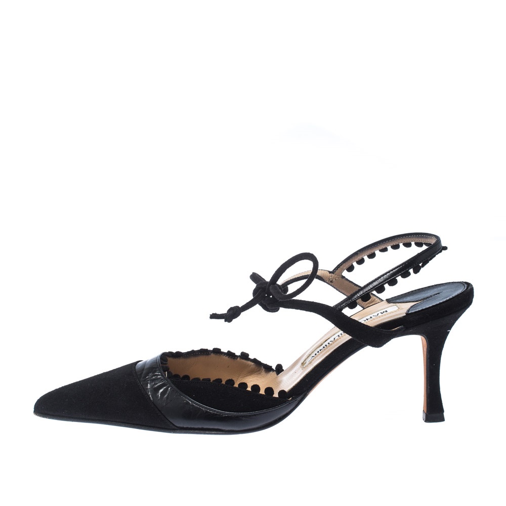 

Manolo Blahnik Black Suede Pointed Toe Tie Ankle Sandals Size