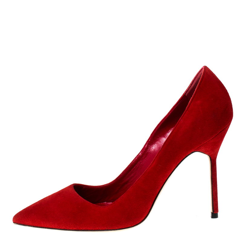 

Manolo Blahnik Red Suede BB 70 Pointed Toe Pumps Size