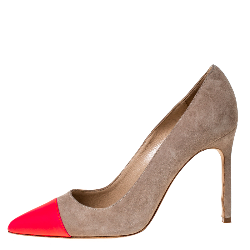 

Manolo Blahnik Beige Suede And Pink Leather Bipunta Cap-Toe Pumps Size