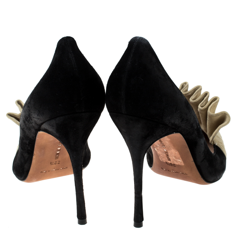 Pre-owned Manolo Blahnik Black And Beige Suede Arleti Frill Detail Pumps Size 39.5