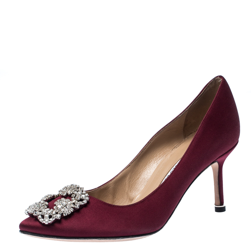 Manolo Blahnik Burgundy Satin Hangisi Crystal Embellished Pointed Toe Pumps Size 37