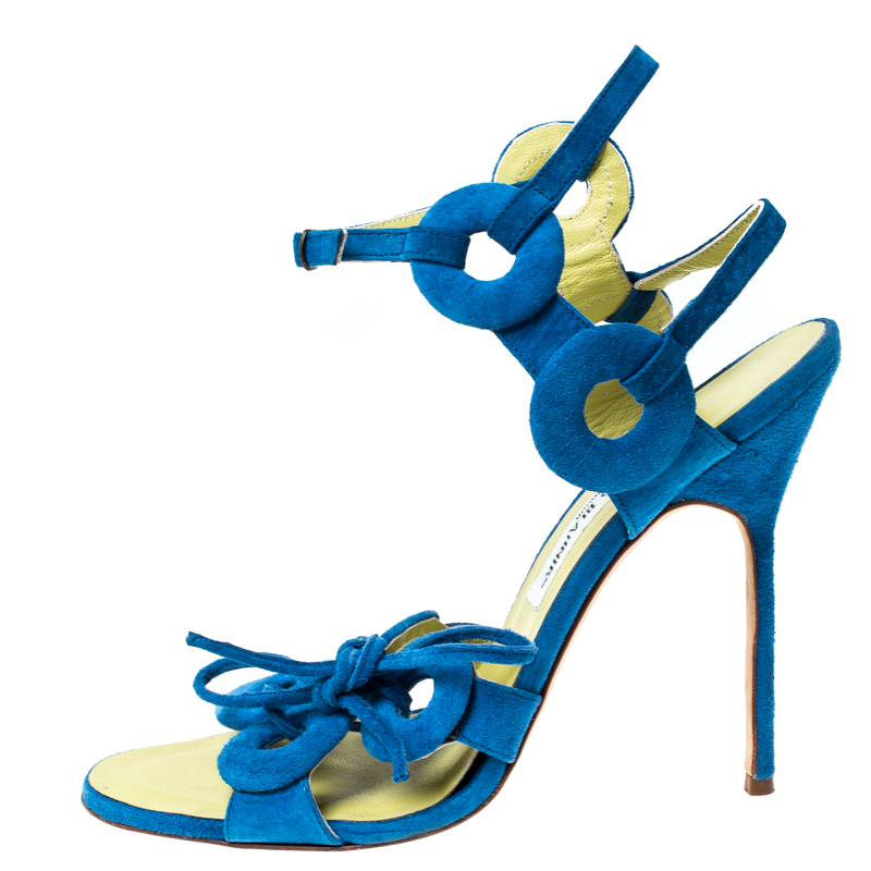 

Manolo Blahnik Blue Cutout Suede Ankle Strap Sandals Size