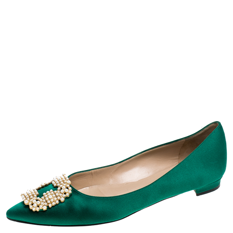 Pre Owned Manolo Blahnik Green Satin Hangisi Ballet Flat Size 39