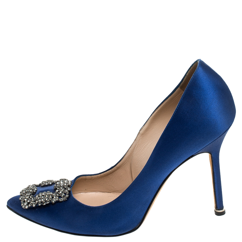 

Manolo Blahnik Blue Satin Jewel Buckle Hangisi Pumps Size