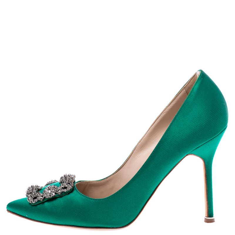 

Manolo Blahnik Green Satin Hangisi Crystal Embellished Pumps Size
