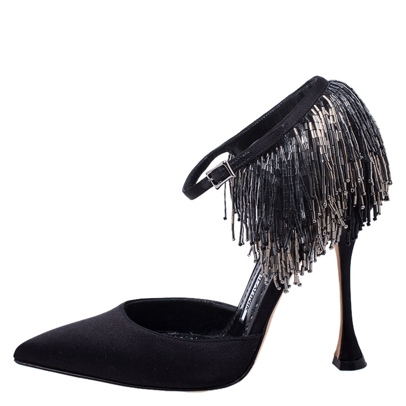 

Manolo Blahnik Black Satin Fringe Frangia Pumps Size