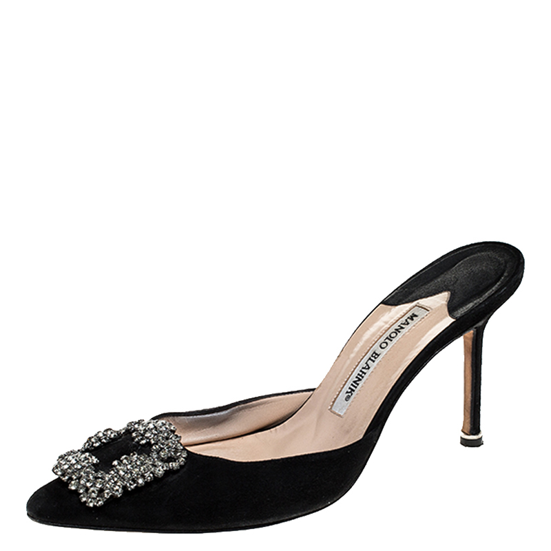 Pre Owned Manolo Blahnik Black Suede Maysale Embellished Pointed Toe Mules Size 38.5