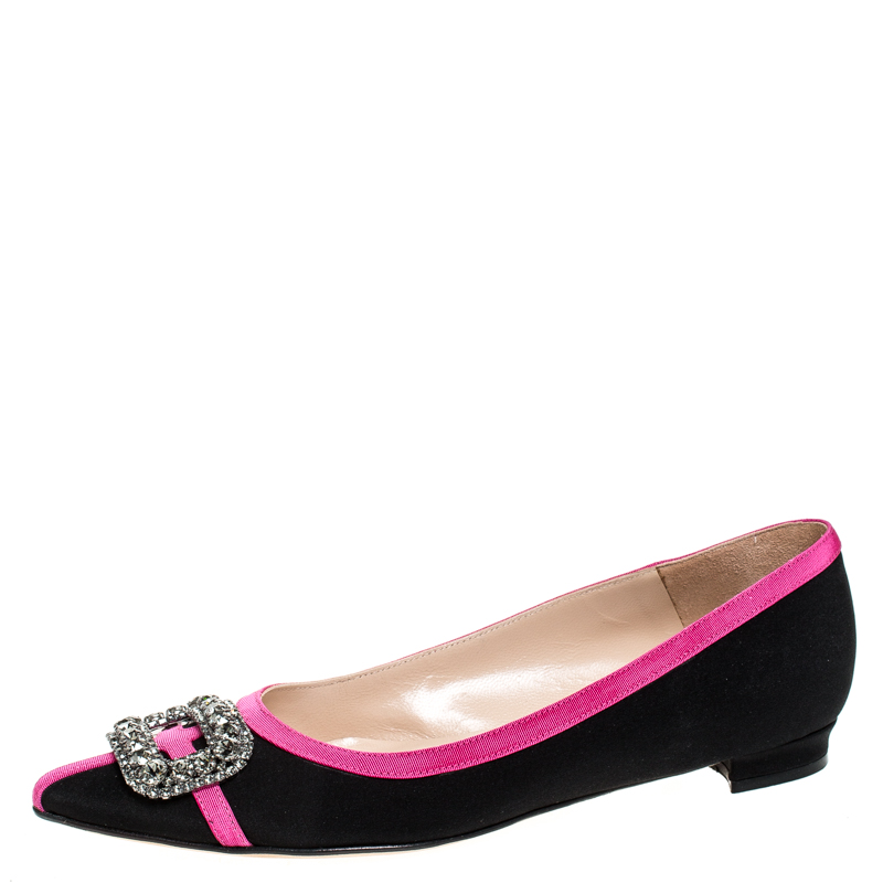 Manolo Blahnik Black Satin And Pink Trim Gotrian Crystal Embellished Pointed Toe Flats Size 38