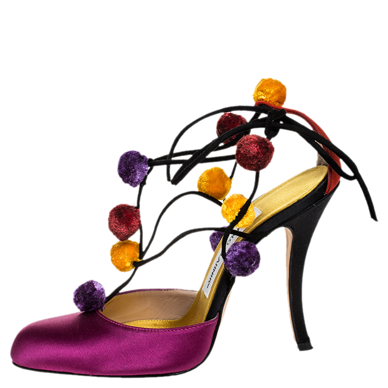 

Manolo Blahnik Purple Satin Pom Pom Detail Lace Up Sandals Size